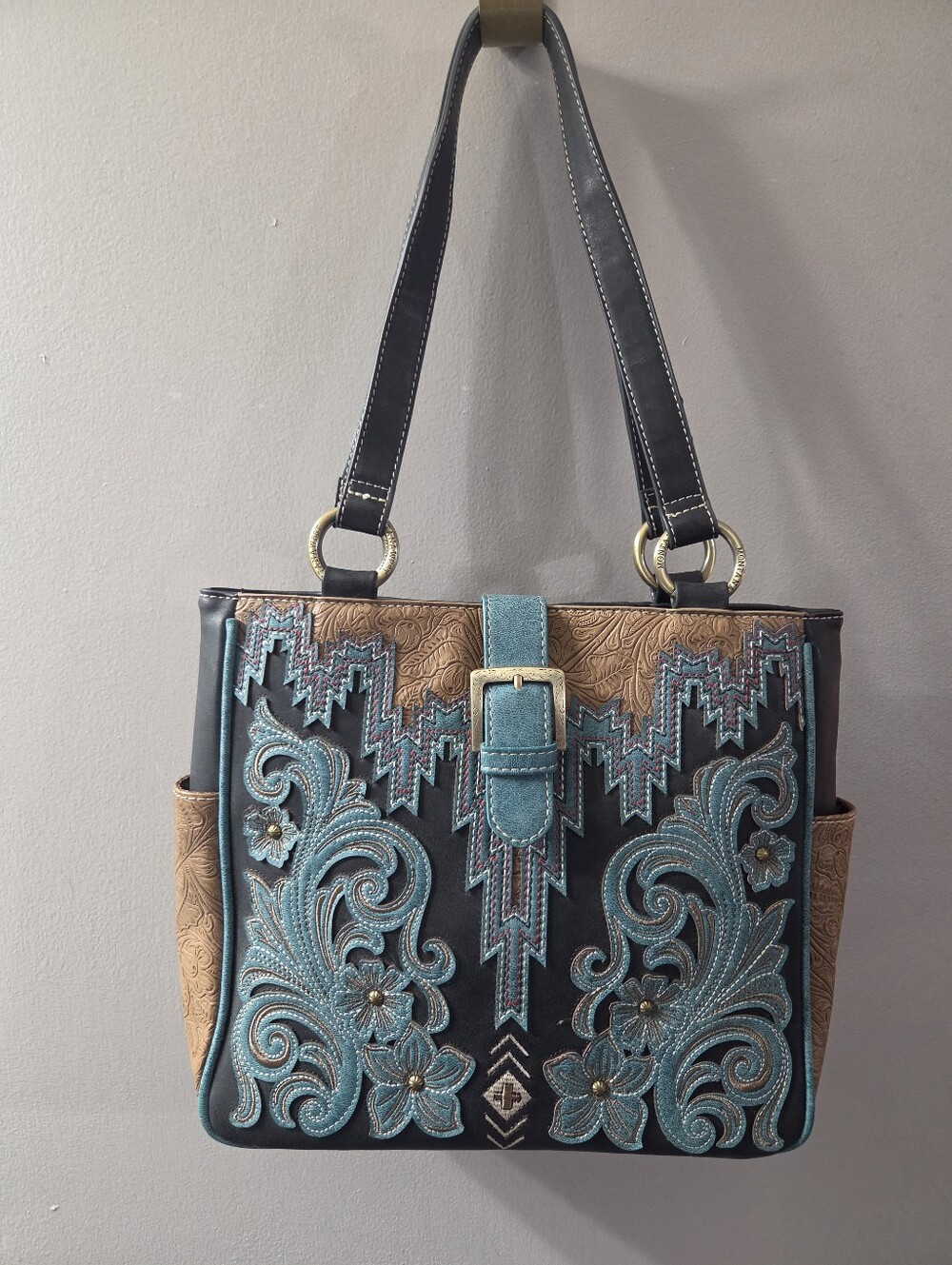 Montana West Conceal Carry Teal Tooled Floral Tote Bag with Buckle Strap - Picture 15 of 15